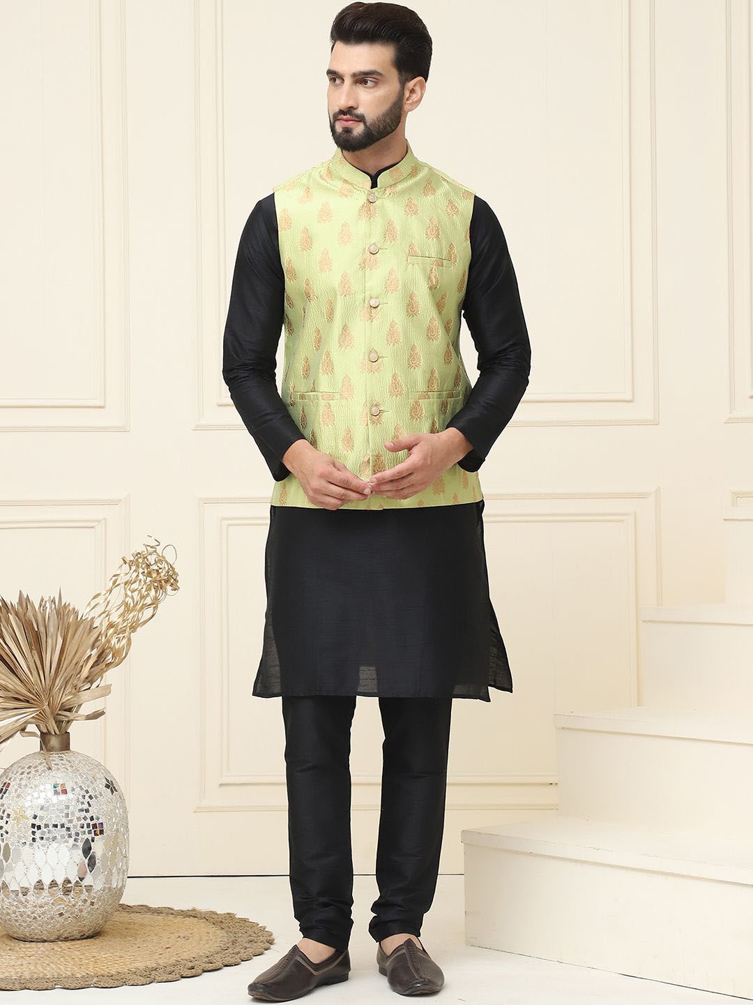 SOJANYA Mandarin Collar Silk Cotton Straight Kurta with Churidar & Nehru jacket