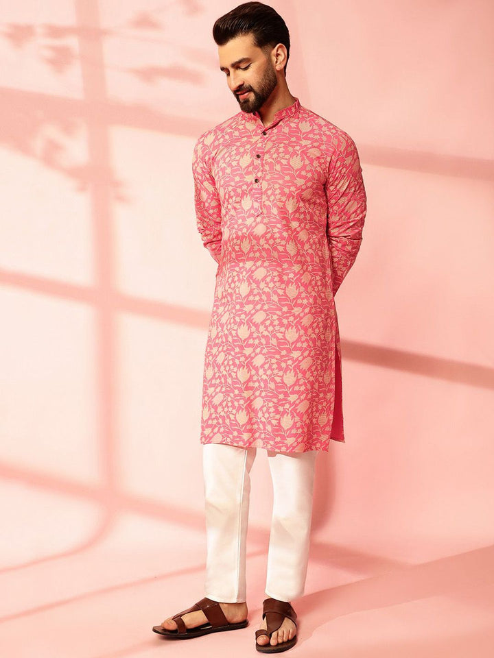 Anouk Floral Printed Band Collar Cotton Linen Straight Kurta