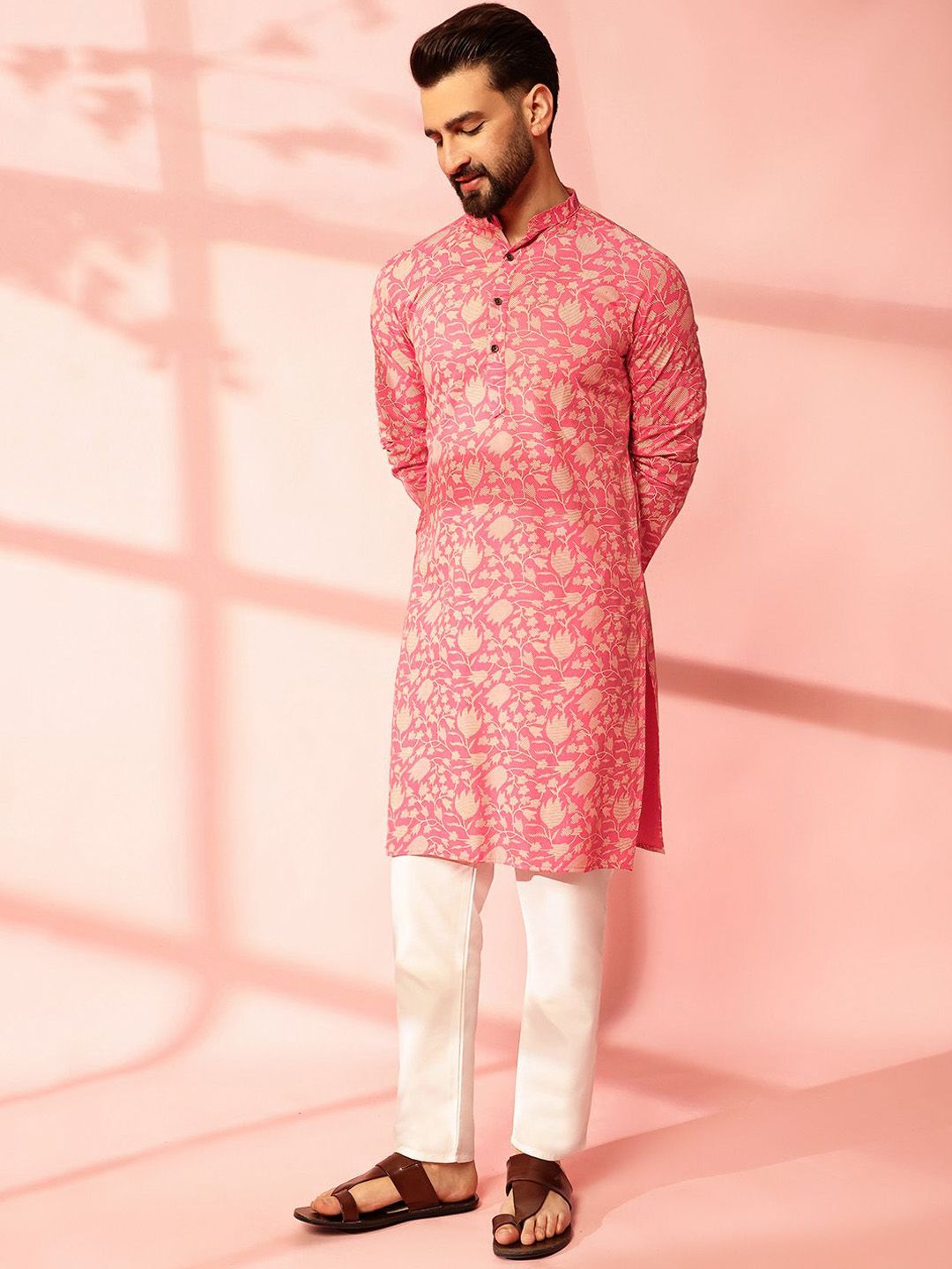 Anouk Floral Printed Band Collar Cotton Linen Straight Kurta