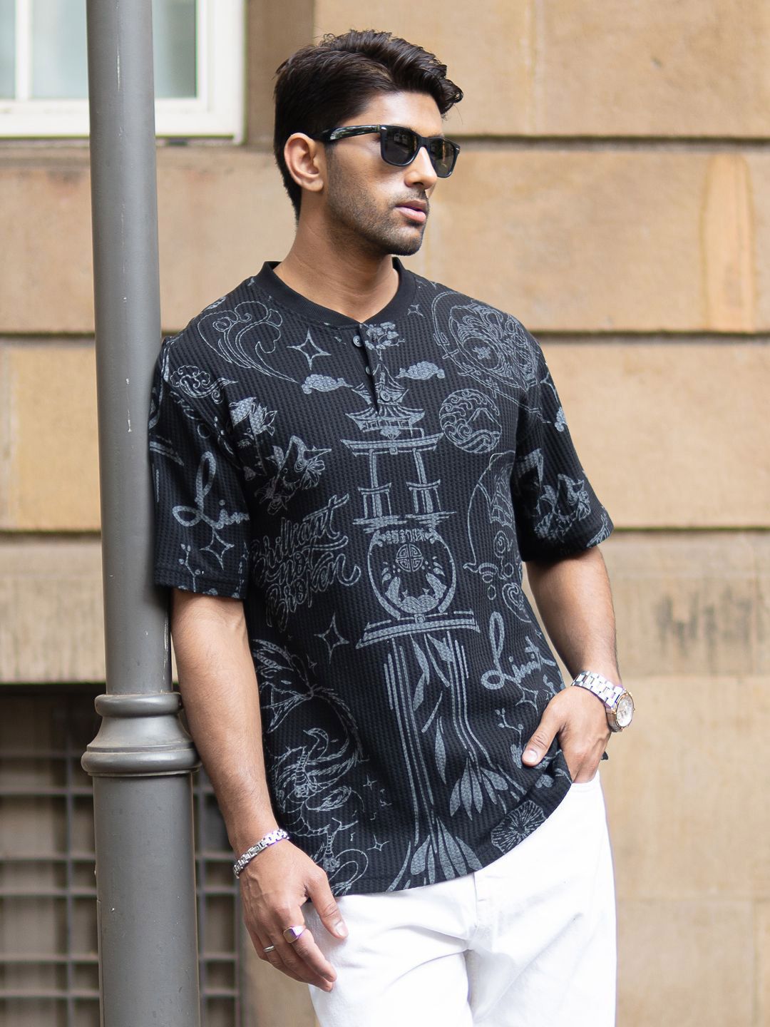 Powerlook Japanese Printed Henley Collar Drop-Shoulder Sleeves T-shirt