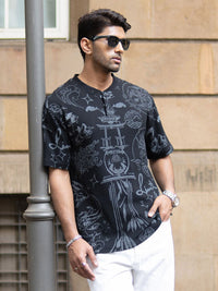 Powerlook Japanese Printed Henley Collar Drop-Shoulder Sleeves T-shirt