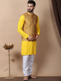 Anouk Mustard Yellow Floral Embroidered Pure Cotton Kurta with Churidar & Nehru Jacket