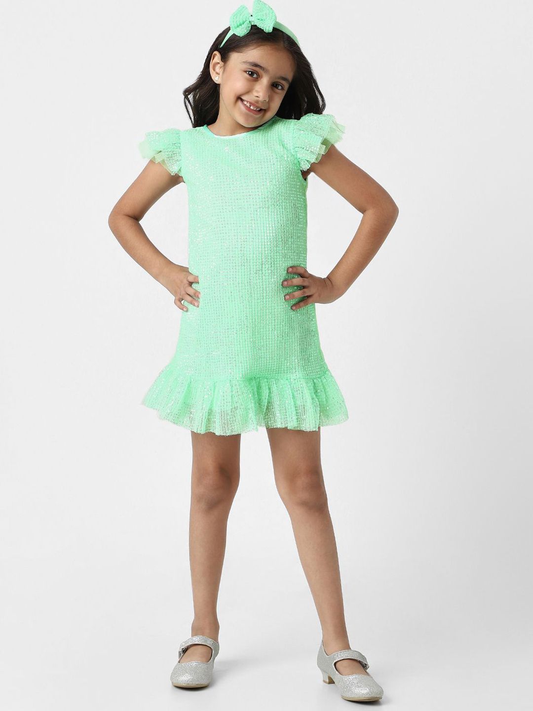 Nauti Nati Girls Green Mesh Embellished Sequin Party Frock With Headband