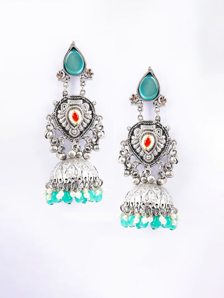 PANASH Silver-Plated Stones Studded And Beaded Contemporary Oxidised Drop Earrings