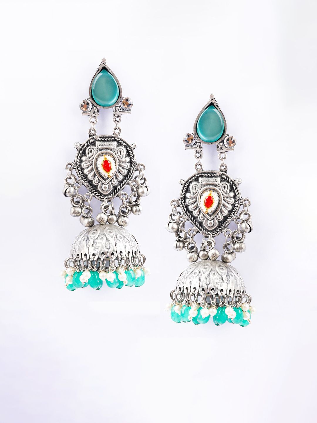 PANASH Silver-Plated Stones Studded And Beaded Contemporary Oxidised Drop Earrings