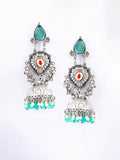 PANASH Silver-Plated Stones Studded And Beaded Contemporary Oxidised Drop Earrings