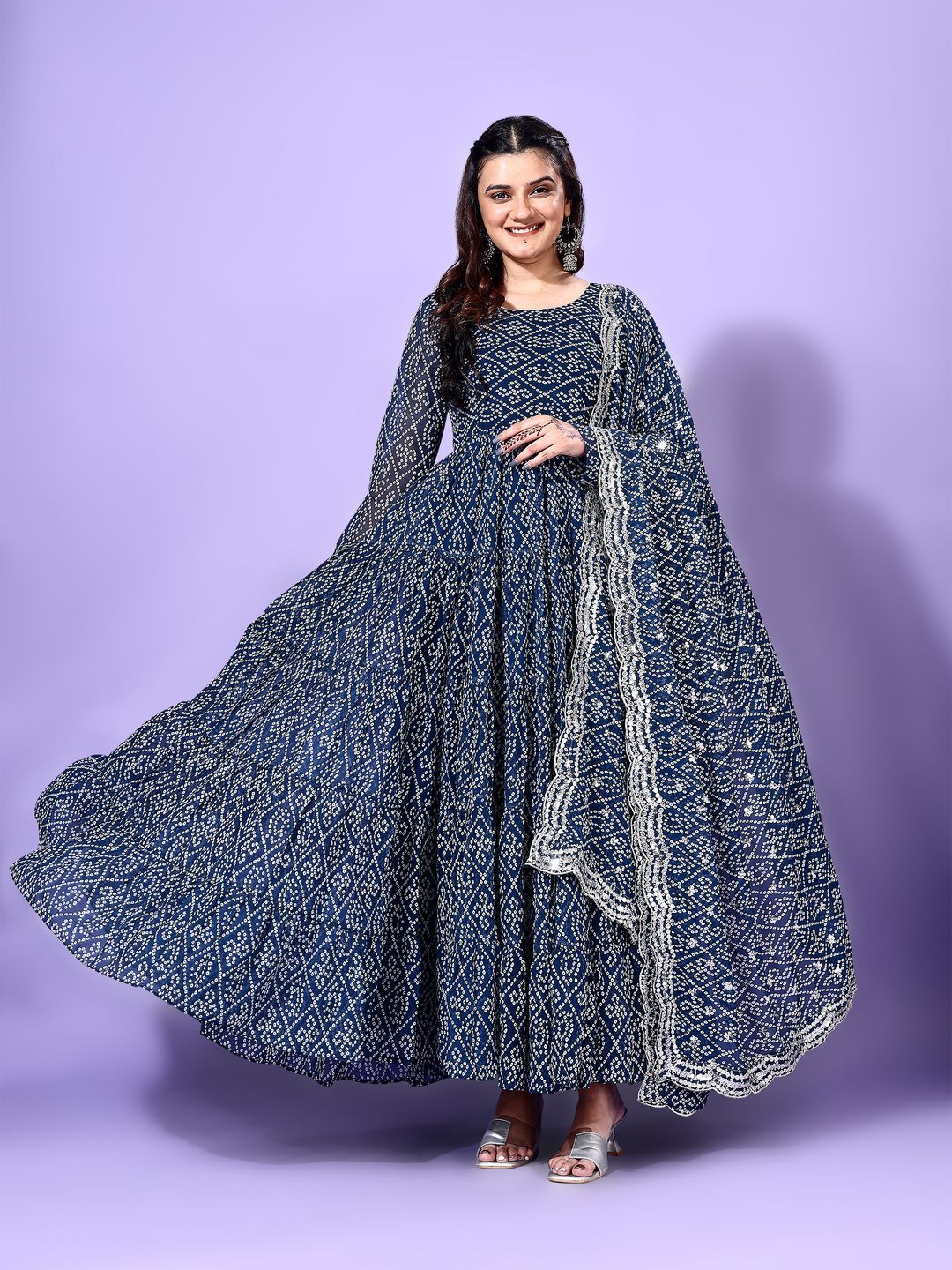KALINI Bandhani Printed Tiered Georgette Anarkali Kurta With Trouser & Dupatta