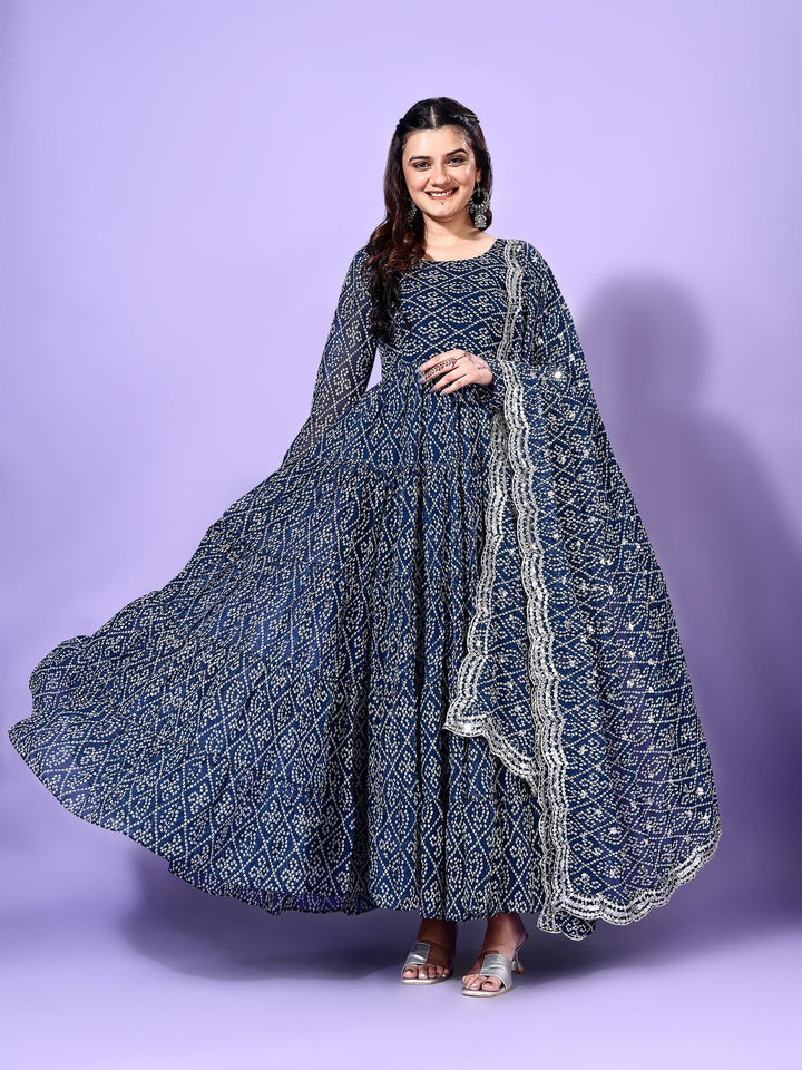 KALINI Bandhani Printed Tiered Georgette Anarkali Kurta With Trouser & Dupatta