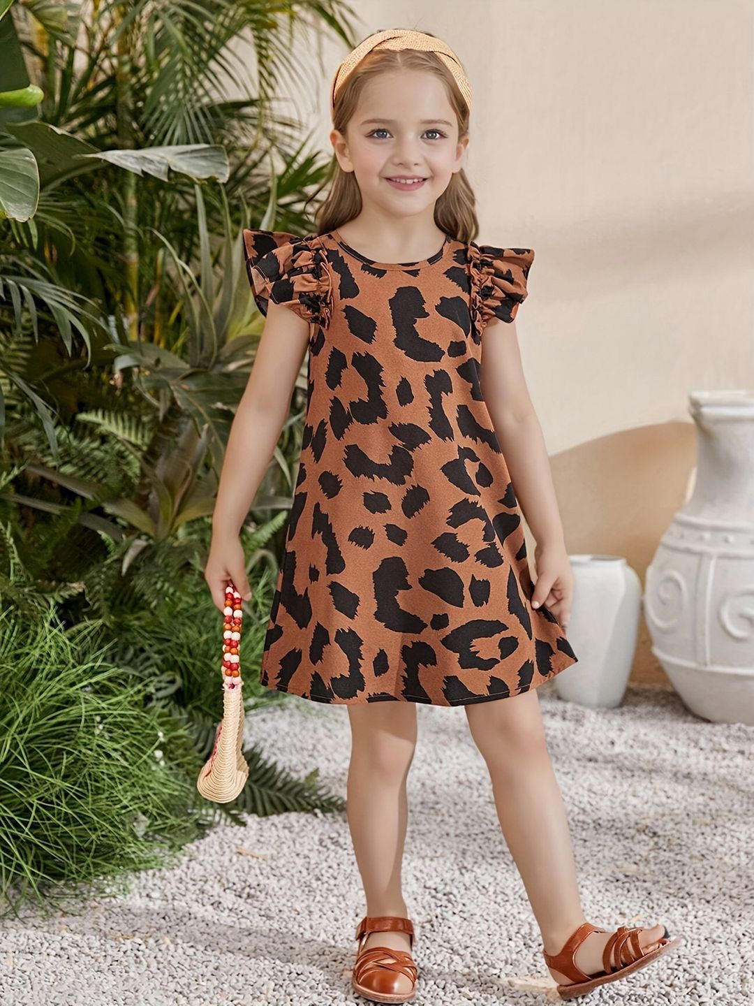 YK Animal Print Flutter Sleeve A-Line Dress