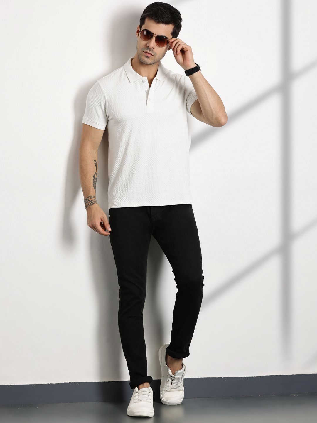 Thomas Scott Men Self Design Polo Collar T-shirt