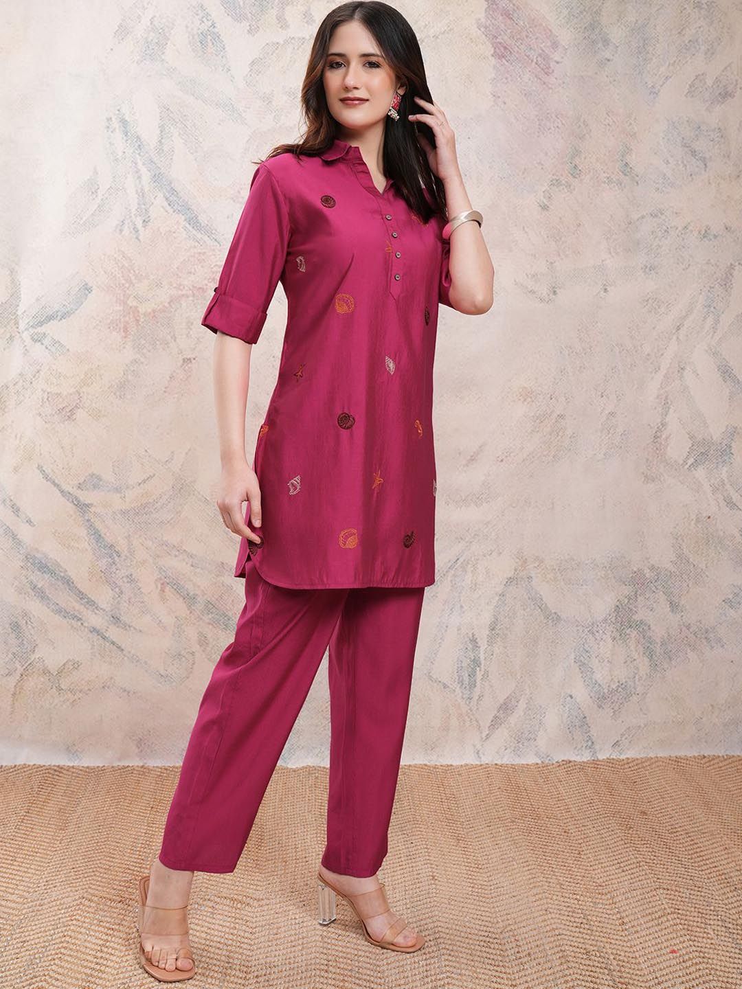 Vishudh Fuchsia Embroidered Shirt Collar Three-Quarter Sleeves Top With Trouser