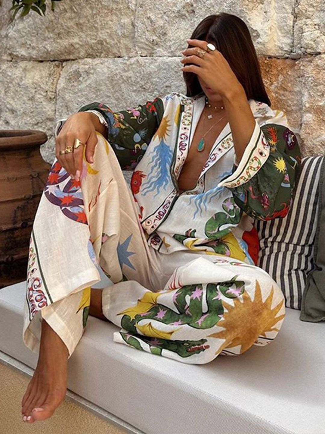 all about you Quirky Printed Notched Lapel Collar Shirt & Palazzos
