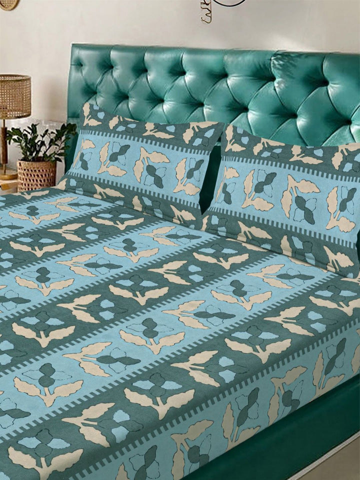 Aura Green & Blue Floral 300 TC Fitted Double King Bedsheet Set 2.50 m x 2.25 m