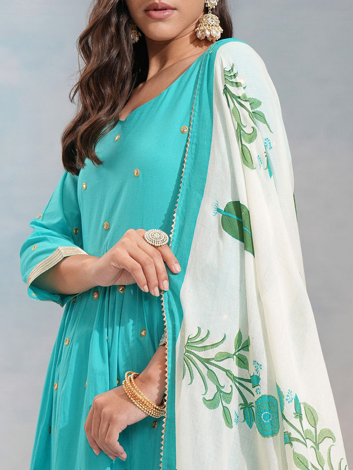 Vishudh Blue Floral Embroidered Sweetheart Neck Pure Cotton Kurta With Trousers & Dupatta