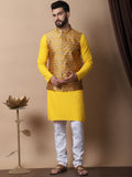 Anouk Mustard Yellow Floral Embroidered Pure Cotton Kurta with Churidar & Nehru Jacket