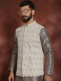 Motif Etnik Anouk Bersulam Kurta Lurus dengan Jaket Churidar & Nehru