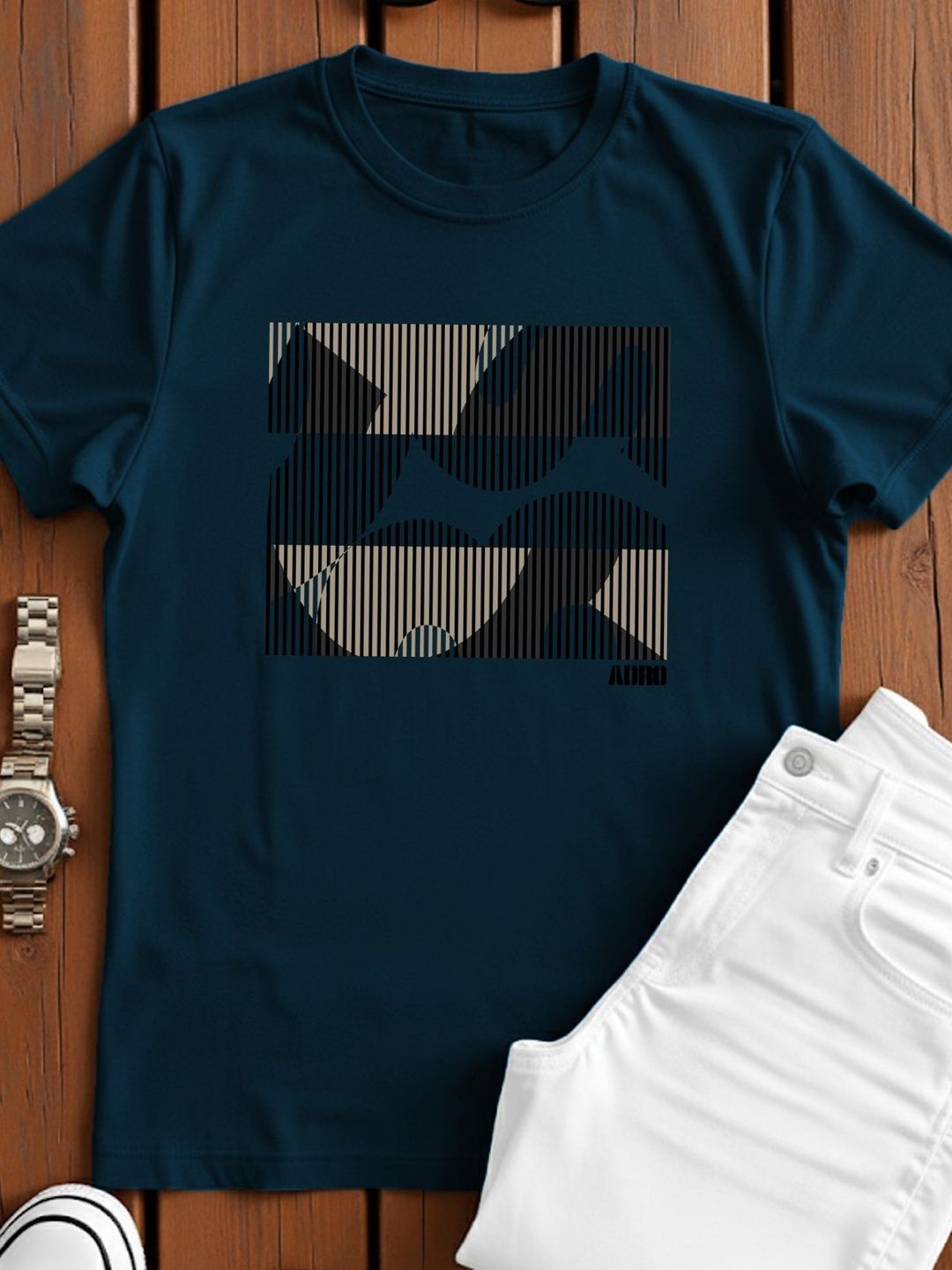 ADRO Geometric Printed Round Neck Skin-Friendly Regular Fit T-shirt