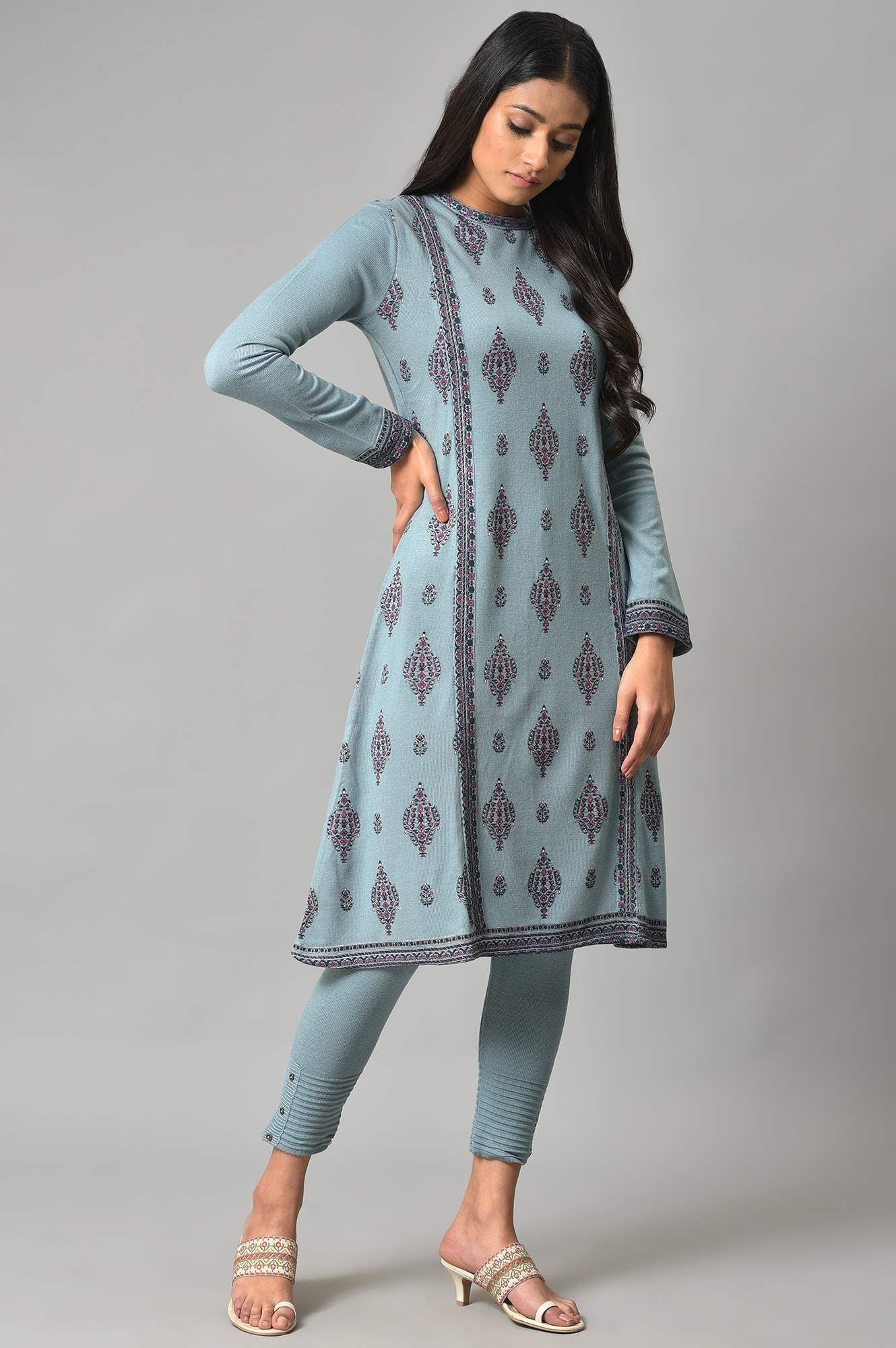 W Floral Printed Round Neck Acrylic A-Line Kurta