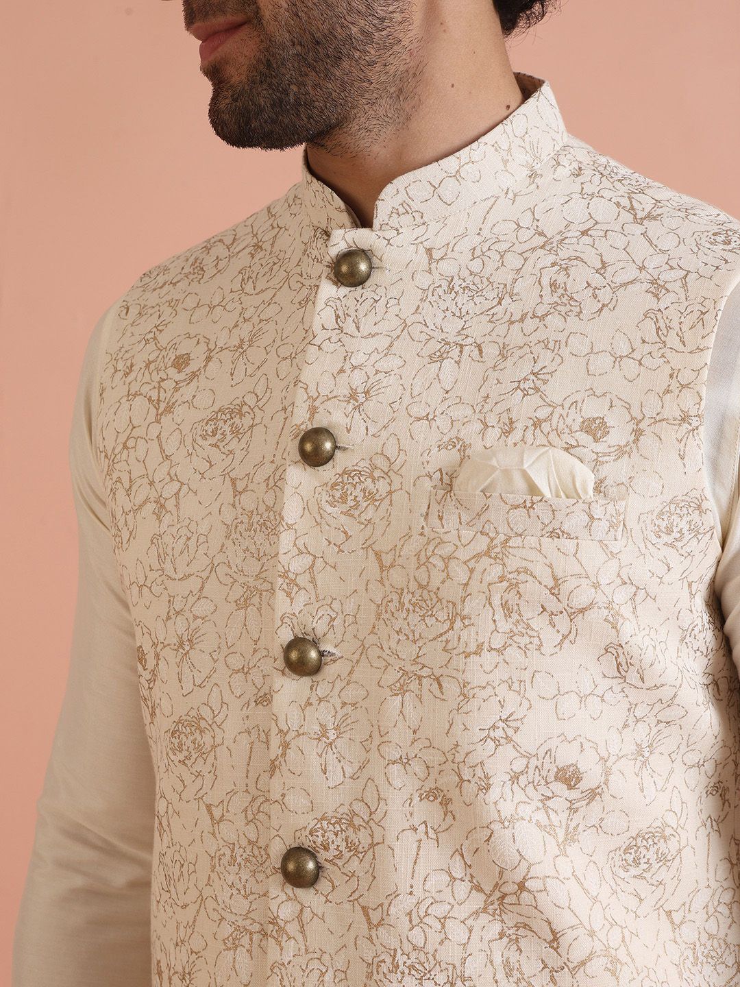 KISAH Floral Printed Mandarin Collar Straight Kurta With Trousers & Jacket