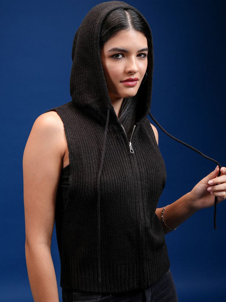 Tokyo Talkies Women Self Design Hooded Sweater With Zip Detail