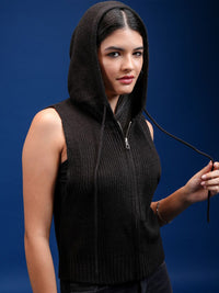 Tokyo Talkies Women Self Design Hooded Sweater With Zip Detail