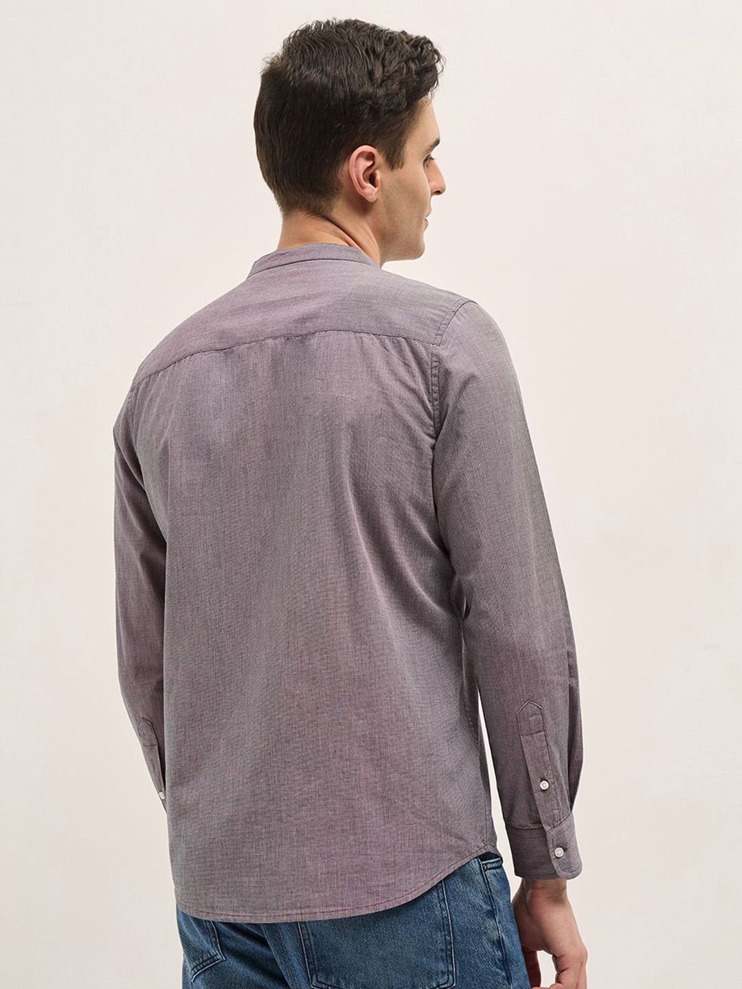 THE BEAR HOUSE Men Mandarin Collar Textured Solid Cotton Slim Fit Casual Shirt