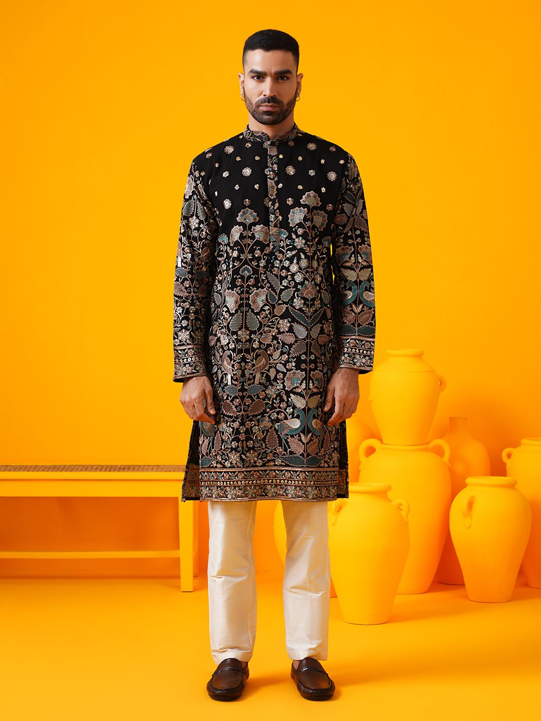 SOJANYA LUXE Floral Embroidered Sequinned Mandarin Collar Straight Georgette Kurta