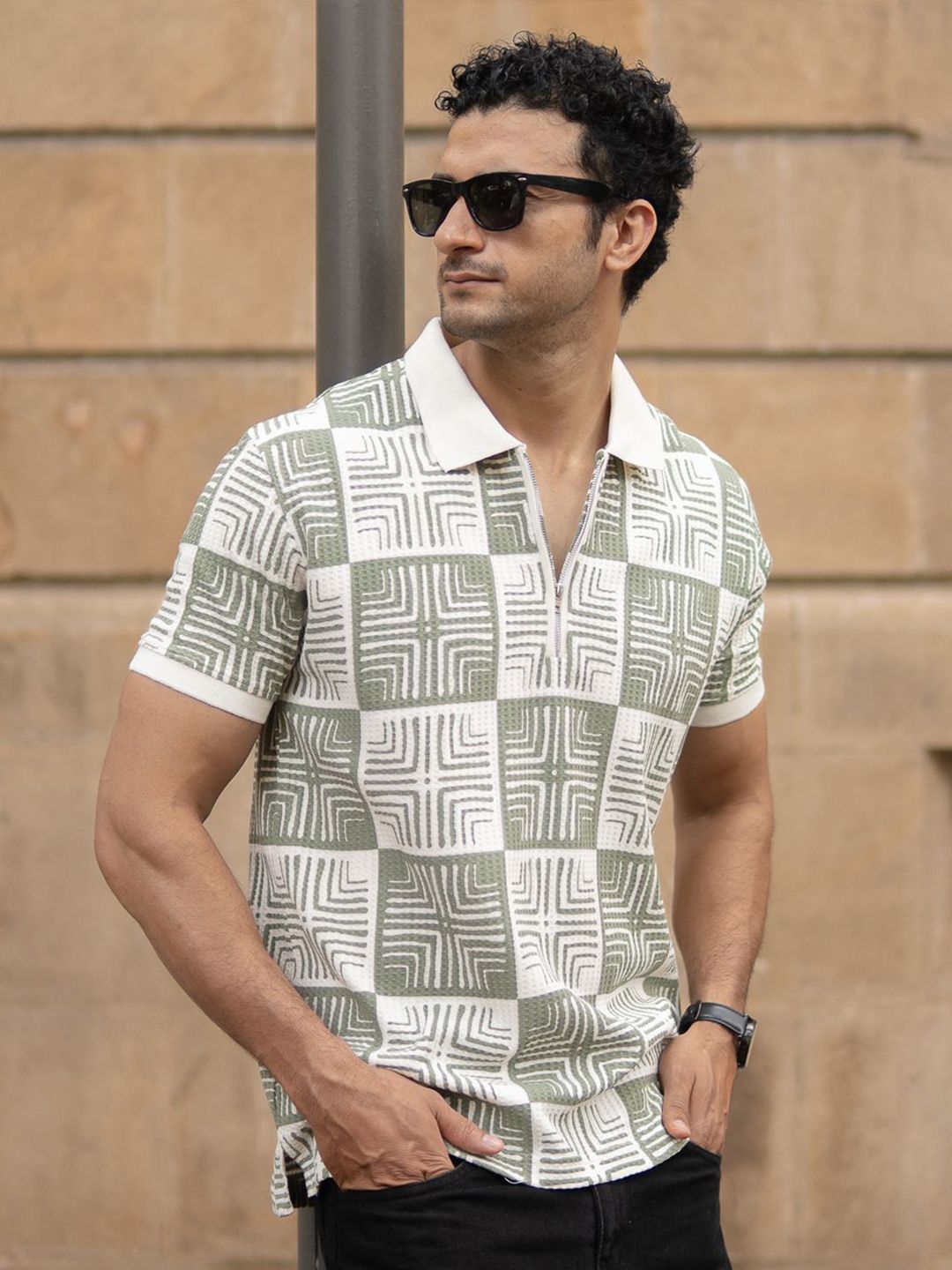 Powerlook SS25 Geometric Printed Polo Collar Pure Cotton T-Shirt