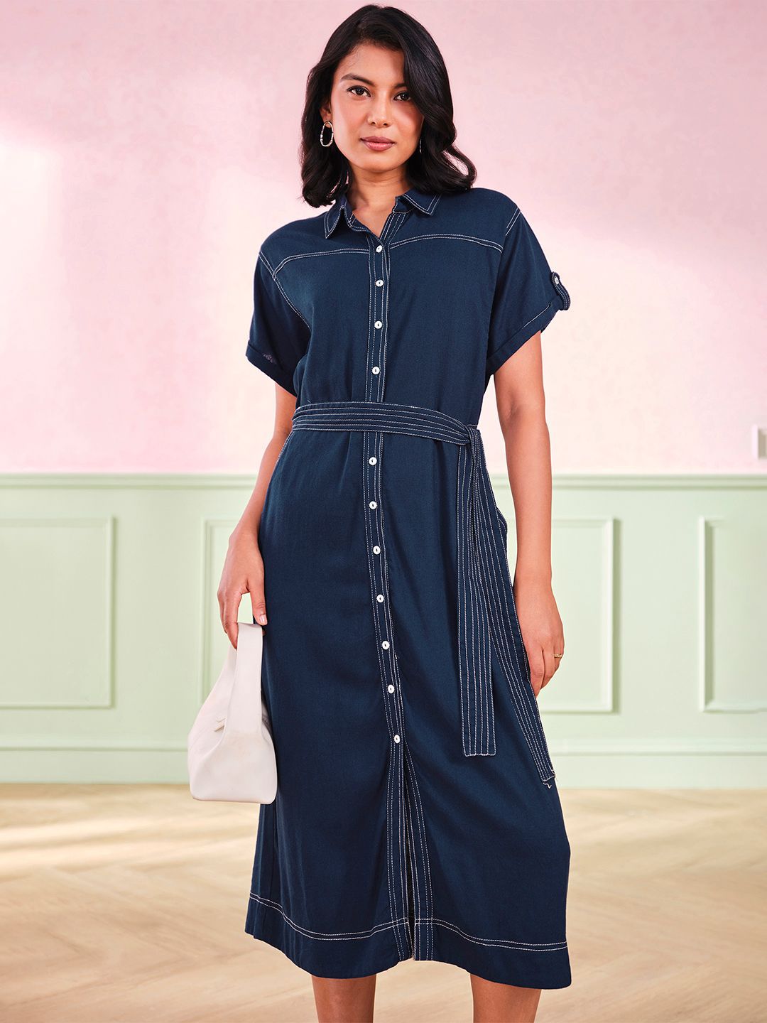 AND Women Solid Denim Midi Dress