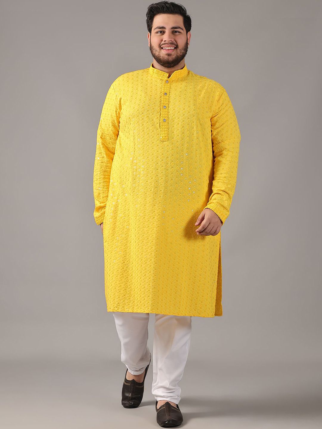 SOJANYA PLUS Size Floral Embroidered Band Collar Sequin Cotton Straight Kurta
