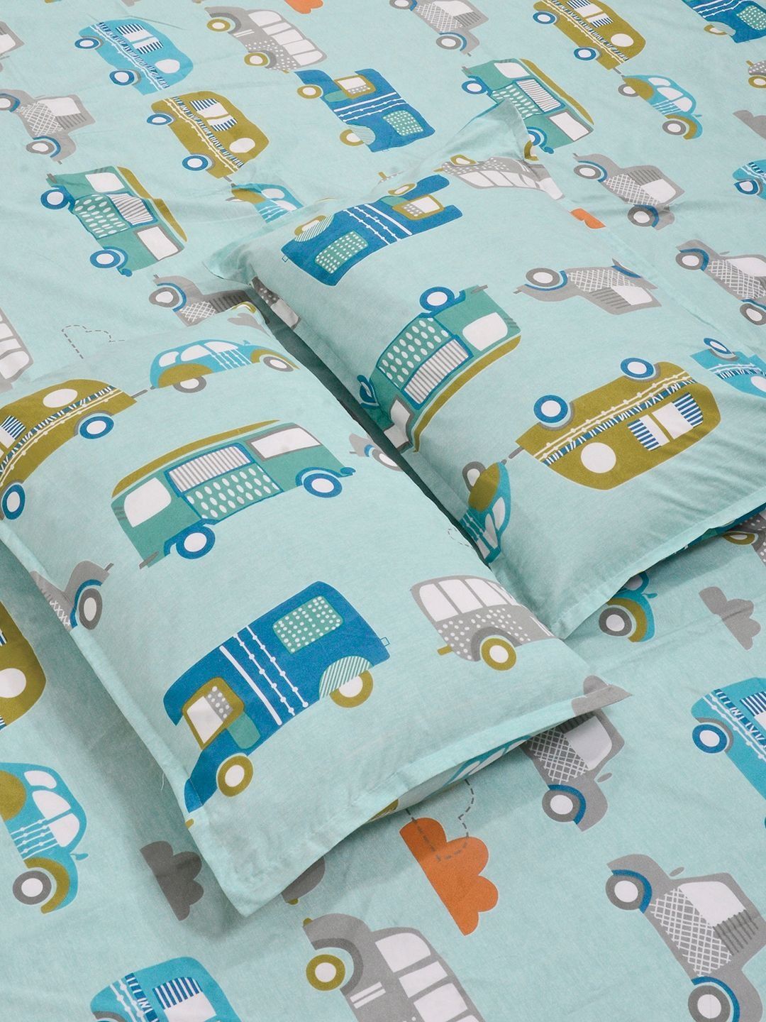 KLOTTHE Grey & Green Cartoon Flat Printed 300 TC Double King Bedsheet With 2 Pillow Cover