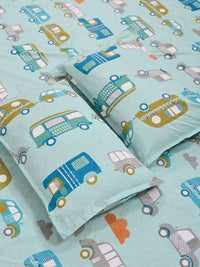 KLOTTHE Grey & Green Cartoon Flat Printed 300 TC Double King Bedsheet With 2 Pillow Cover