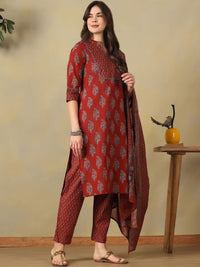 Mamicha Women Ethnic Motifs Printed Angrakha Mirror Work Pure Cotton Kurta with Trousers & With Dupatta
