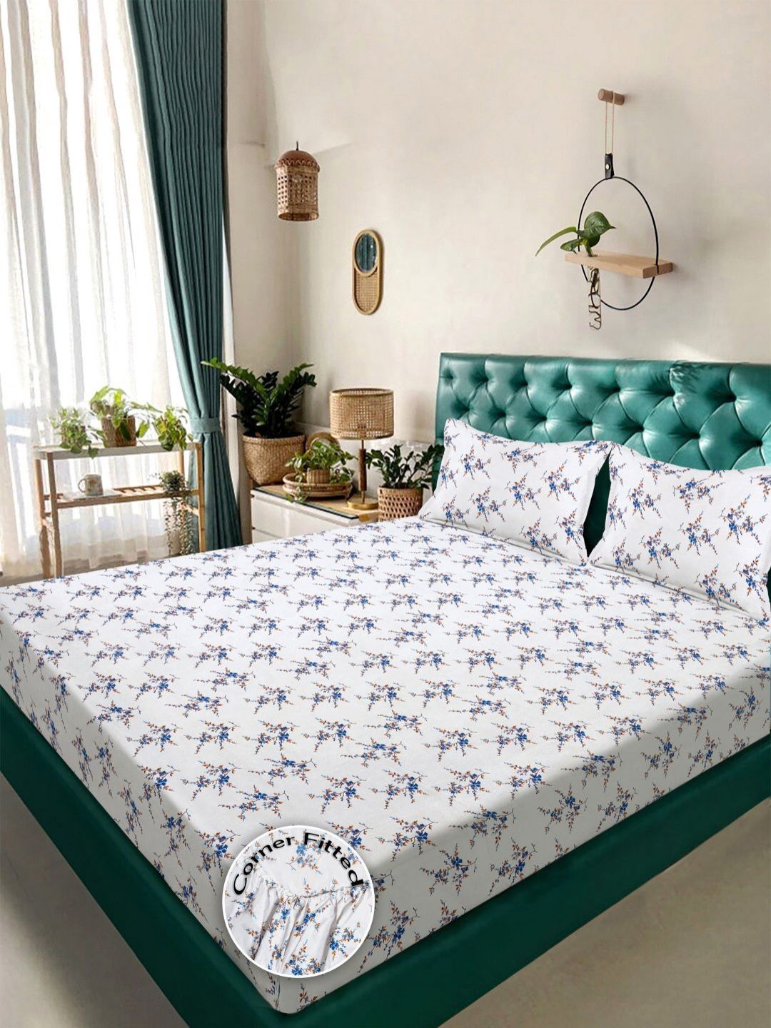 Myntra Elegant Homes White & Blue Floral 300 TC King Bedsheet with 2 Pillow Covers