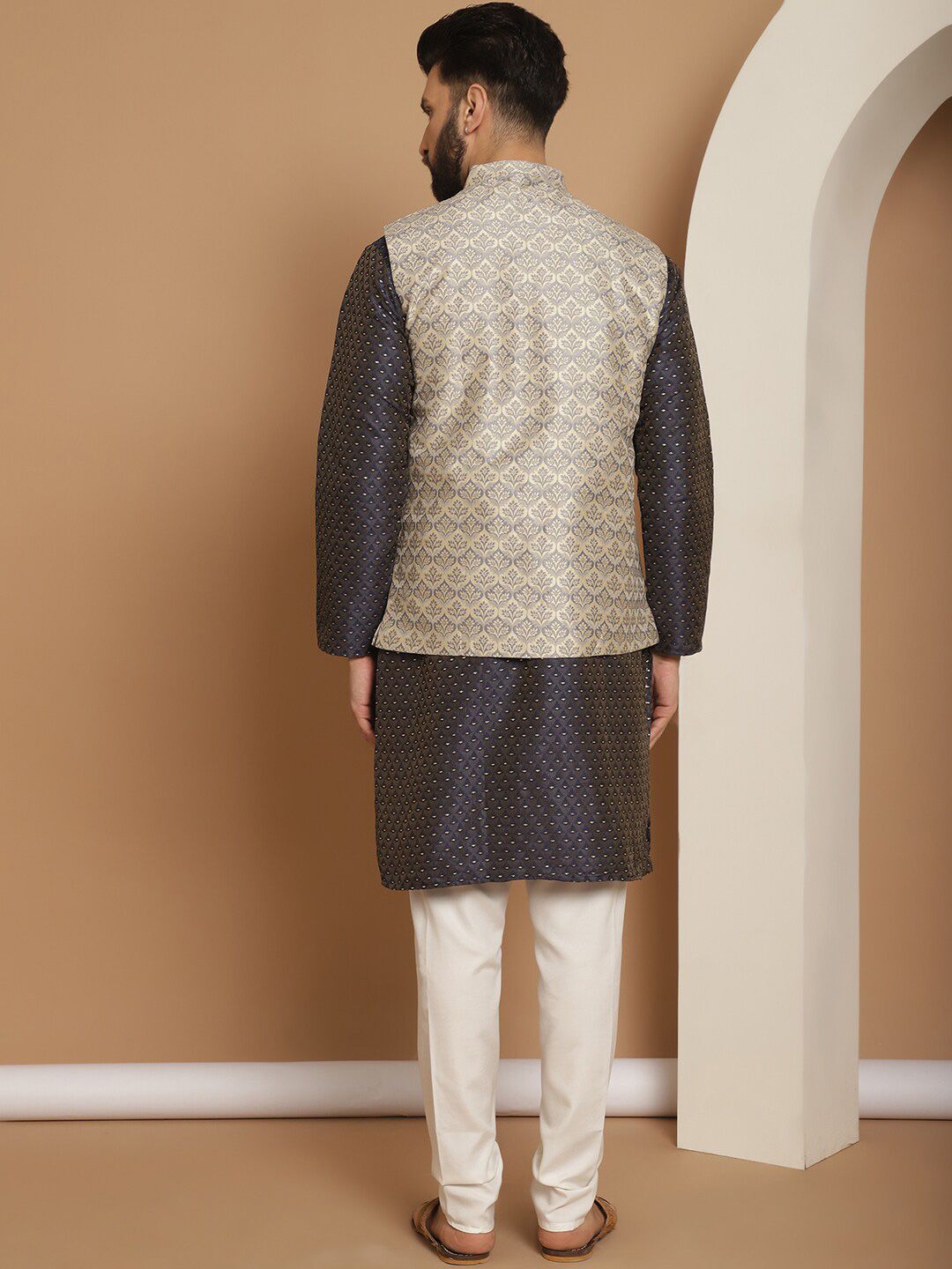 Anouk Embroidered Regular Thread Work Jacquard Silk Kurta With Churidar & Nehru Jacket