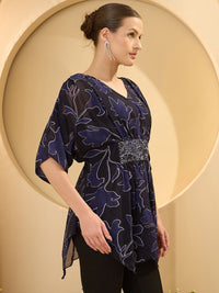 Antheaa Floral Printed Embellished Kimono Sleeve Chiffon Kaftan Top