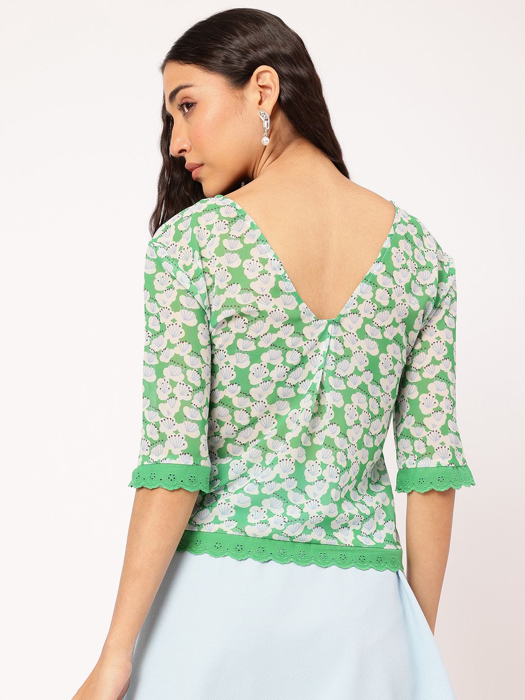 DressBerry Blooming-Bliss Floral Printed Lace-Hem Semi-Sheer Top