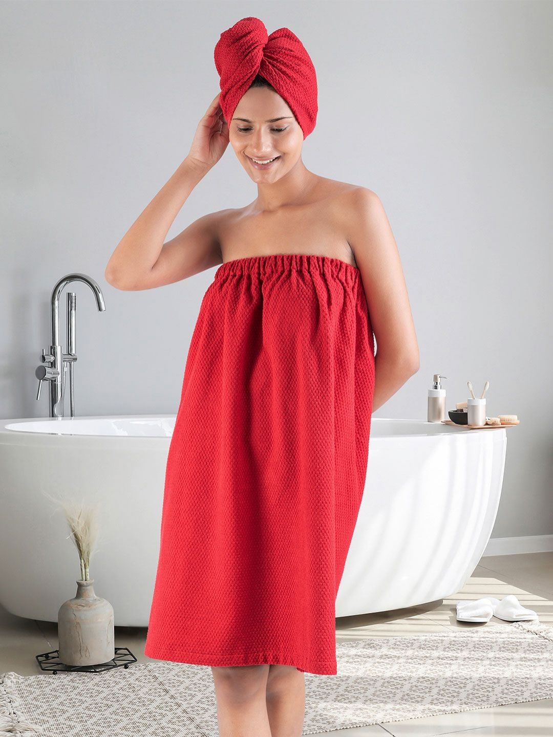 MYTRIDENT Red Cotton Bath Robe With Headwrap