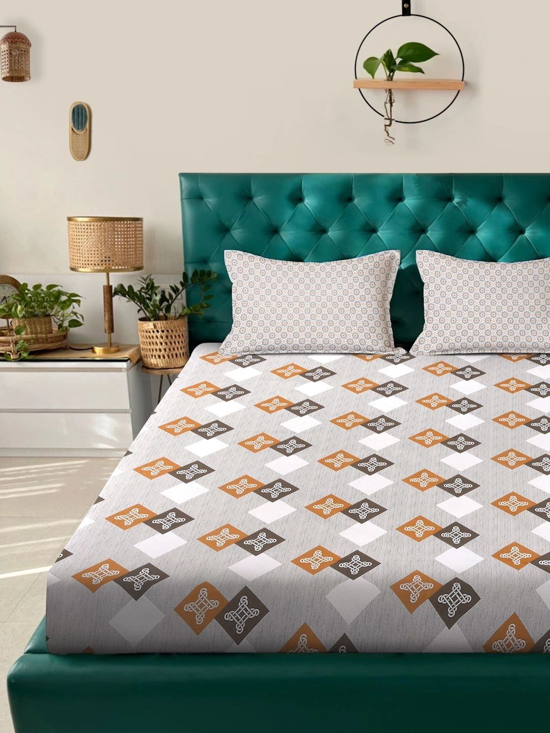 Myntra Elegant Homes White & Brown Geometric 400 TC King Bedsheet with 2 Pillow Covers