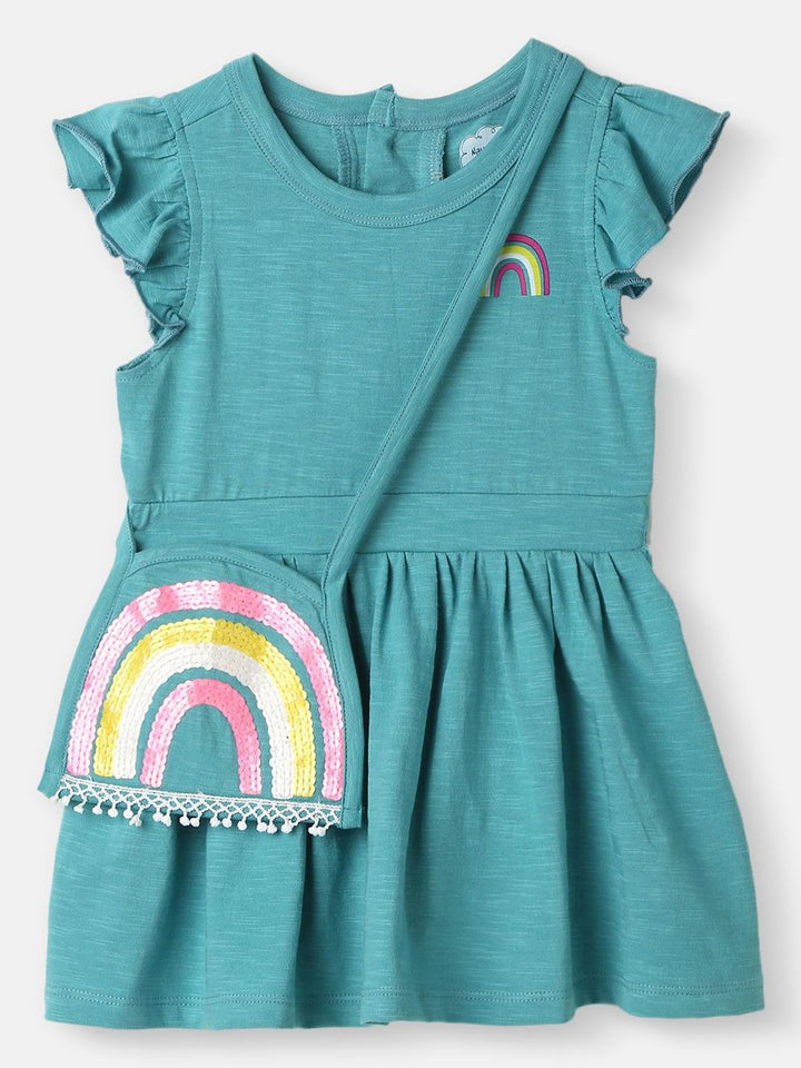 Nauti Nati Embellished Rainbow Sequinned Print Fit & Flare Dress with Sequinned Bag