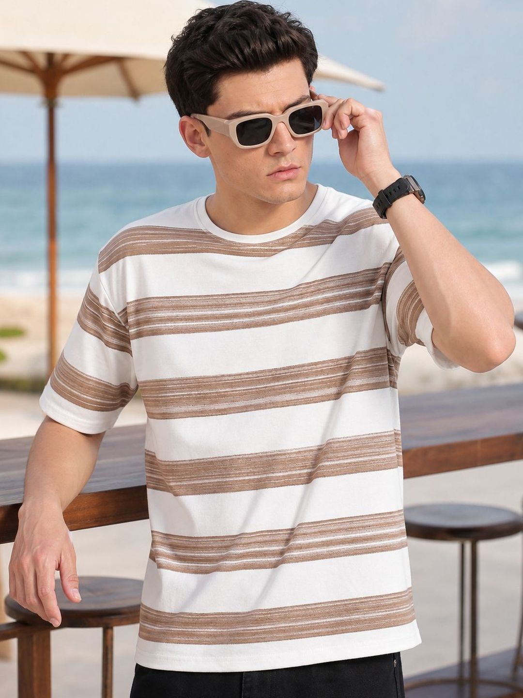 Eszett Brushed Brown Tshirt Striped Cotton Round Neck Drop-Shoulder Sleeves Oversized Fit T-shirt