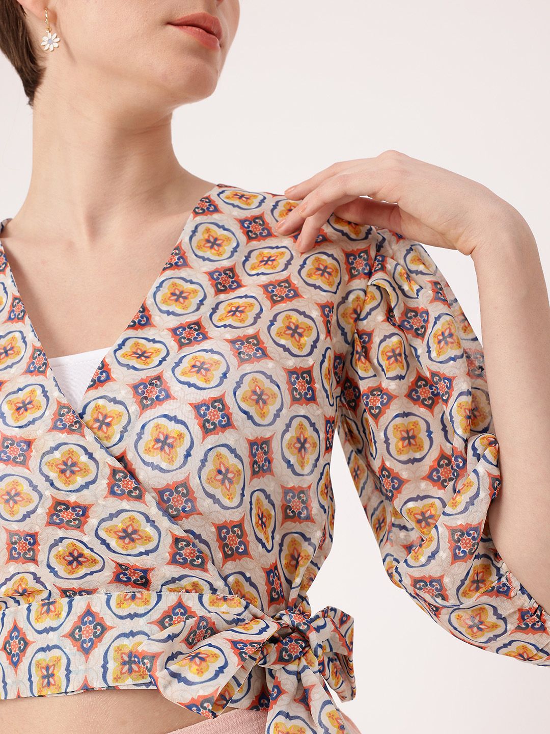 DressBerry Stylish Heritage Print Semi Sheer Crop Wrap Top With Inner Slip