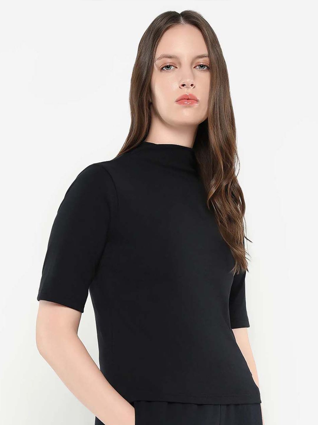 RAREISM Women Solid High Neck Cotton Top