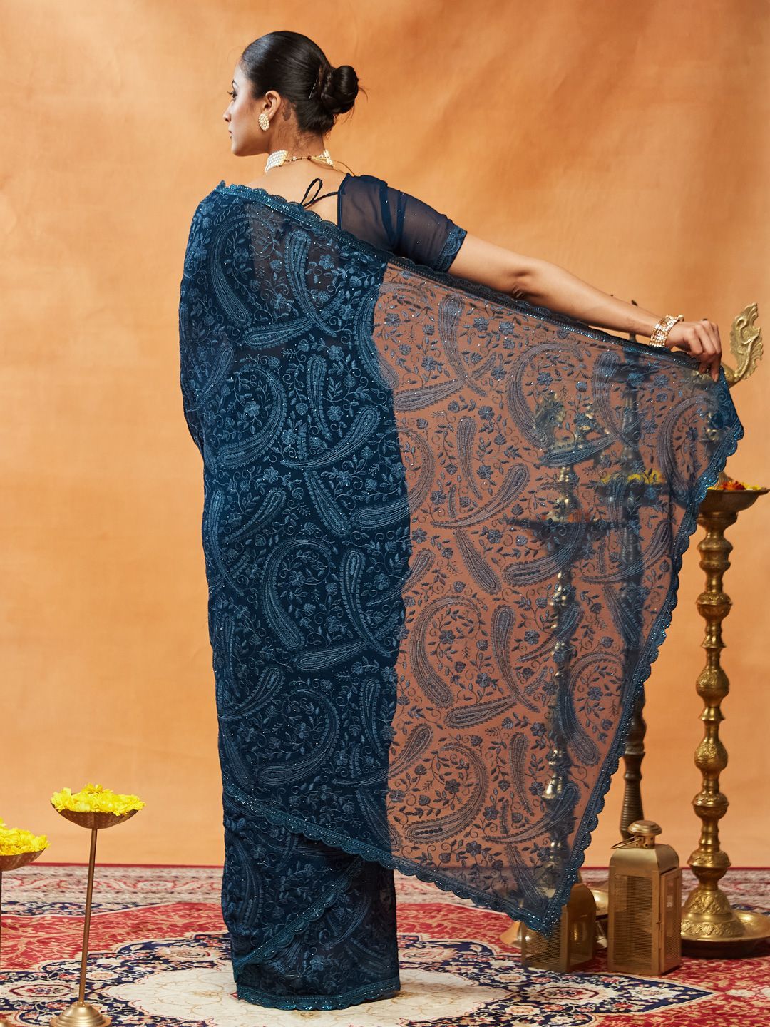 kasee Tenunan Design Bersulam Tulen Georgette Saree