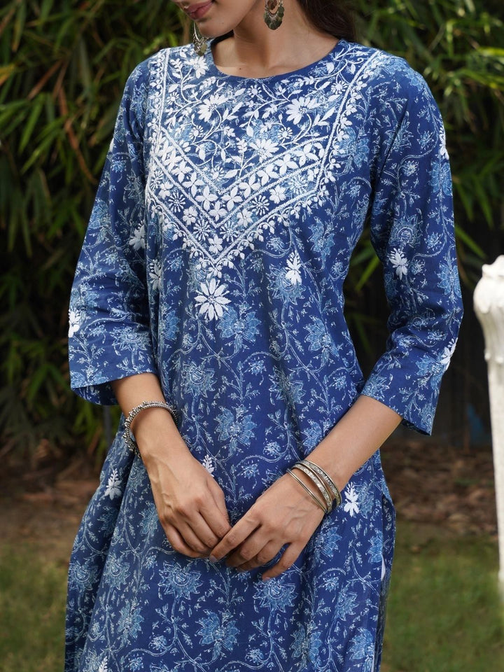 House of Chikankari Women Floral Printed Thread Work Indie Prints Kurta