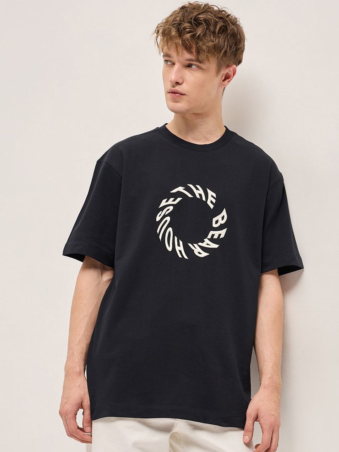 THE BEAR HOUSE Men Typography Printed Round Neck Cotton Oversized T-shirt