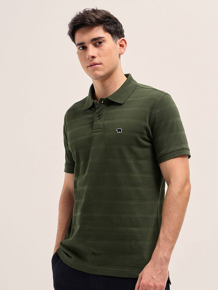 THE BEAR HOUSE Men Striped Polo Collar Pure Cotton T-shirt