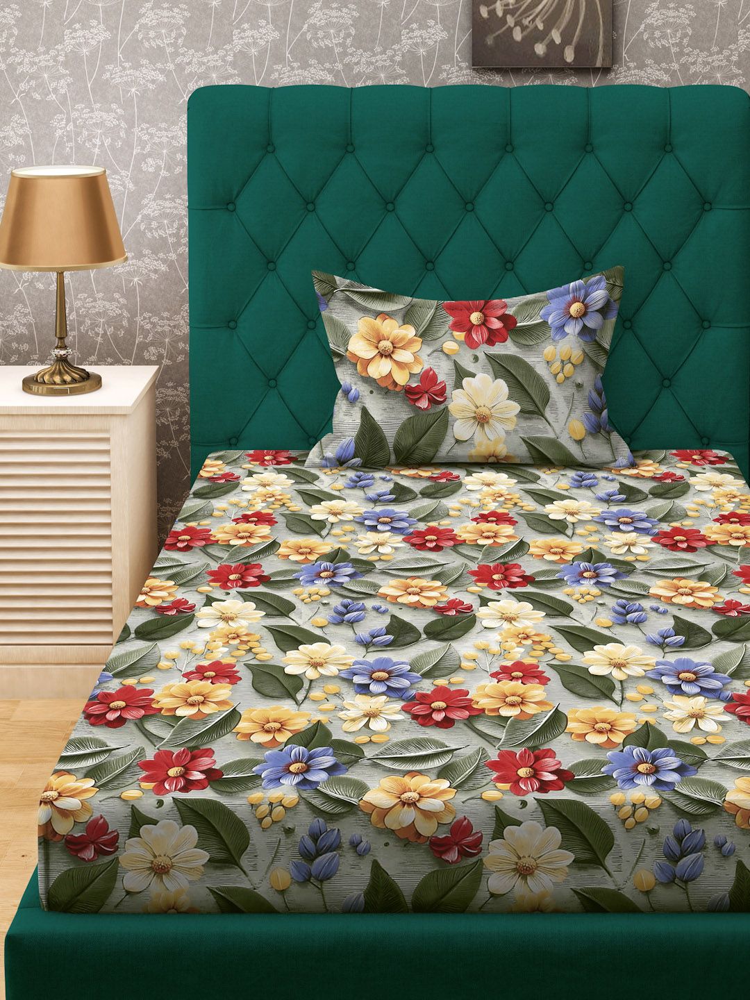KLOTTHE Biru & Hijau Bercetak Bunga Dilengkapi Cadar 7D Single 300 TC Dengan Sarung Bantal