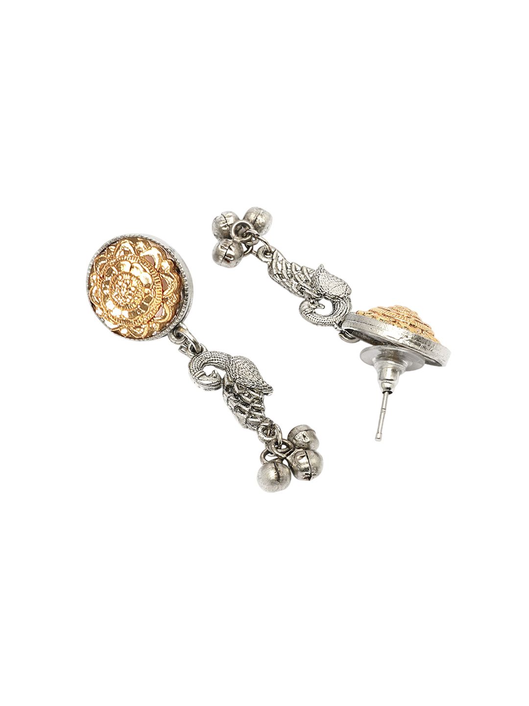 KARATCART Silver-Plated Red Stones Studded Oxidised Peacock Design Hasli Jewellery Set