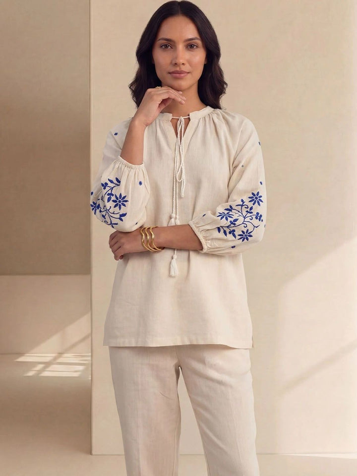 House of Chikankari Floral Embroidered Tie-Up Neck Cotton Top